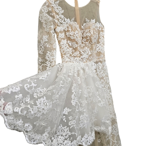 Nwt Ballbella Ivory/Nude Illusion Lace One Shoulder Longsleeve Bridal /Jumpsuit - Picture 8 of 16